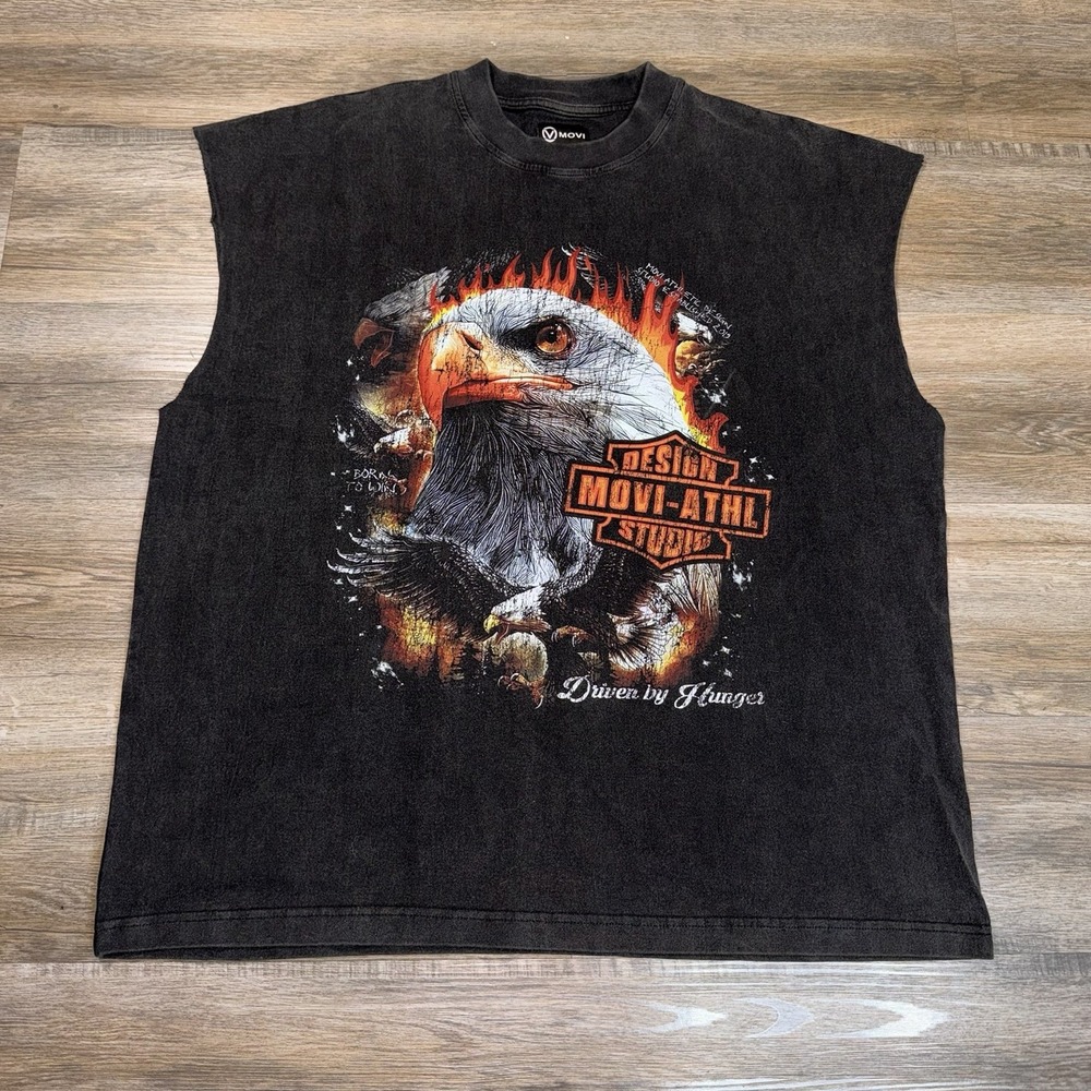 MOVI Brand Shirt Mens XL Black Vintage Oversized Instinct Cut-Off Graph Tee
